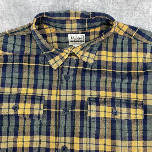 LL Bean Men Shirt XLarge Tall Blue Yellow Plaid Heavy Canvas Traditional Fit VTG - Picture 3 of 12